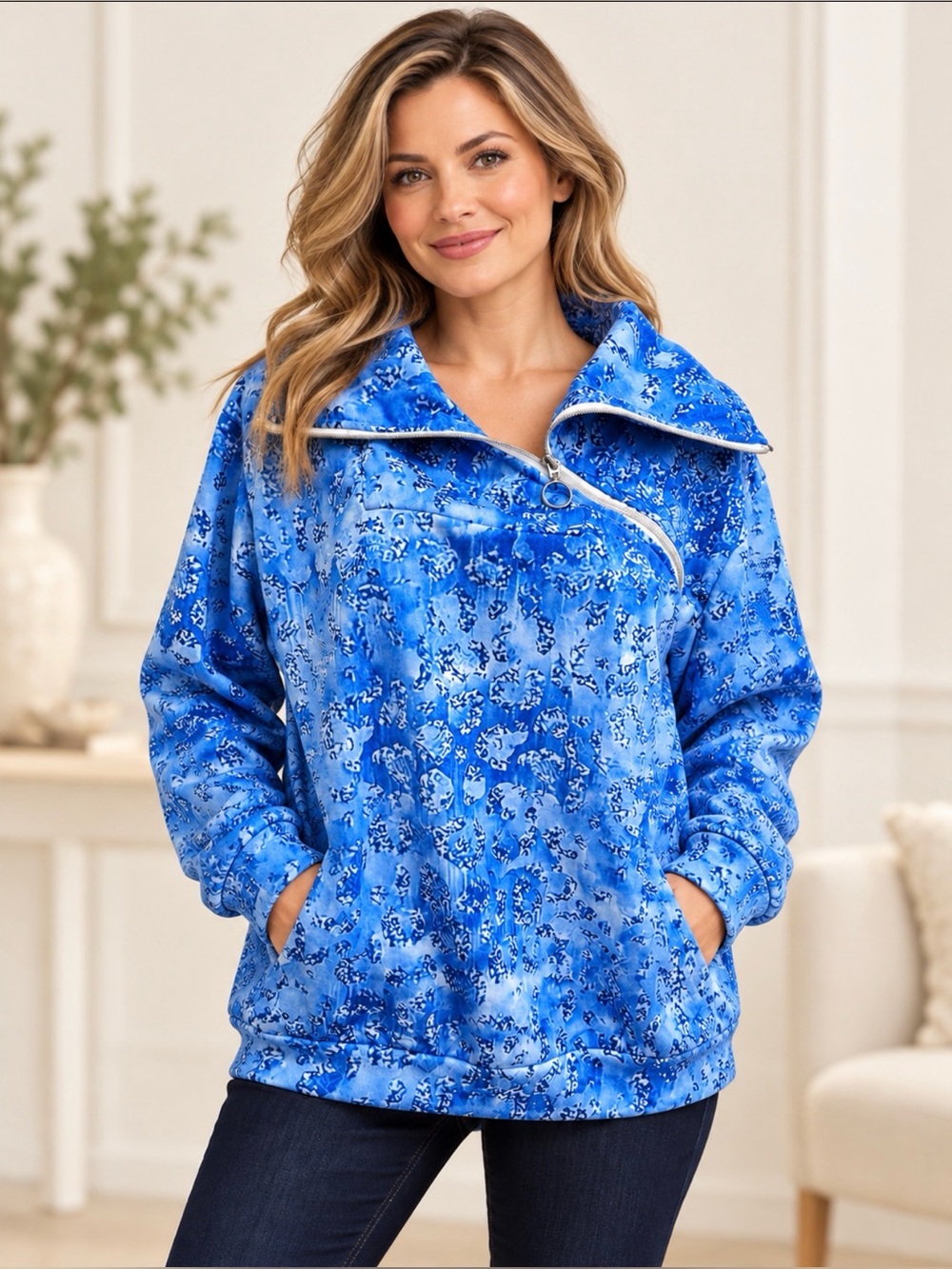 Acegolfs blue sweatshirt funnel style collar and asymmetrical zip size small
